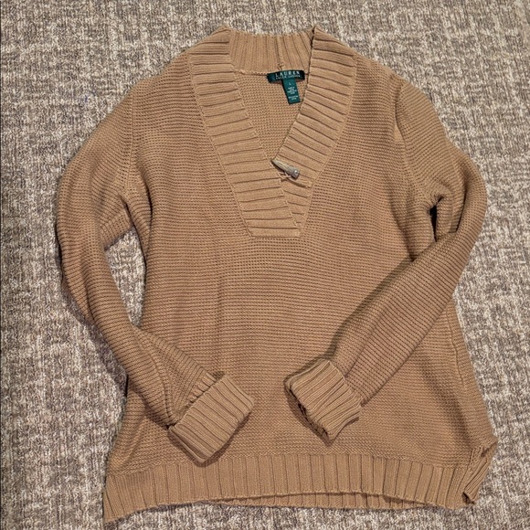 Lauren Ralph Lauren Sweaters - Ralph Lauren Tan Cotton V Neck Knit Sweater With Toggle Button